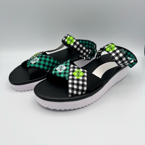 Kate Spade Dotty Gingham Platform Sandals Womens size 7B Black Green Floral EUC - Picture 4 of 10